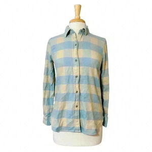 Faherty Women's Blue & Brown Plaid Button Up Shirt Organic Cotton Extra Small XS